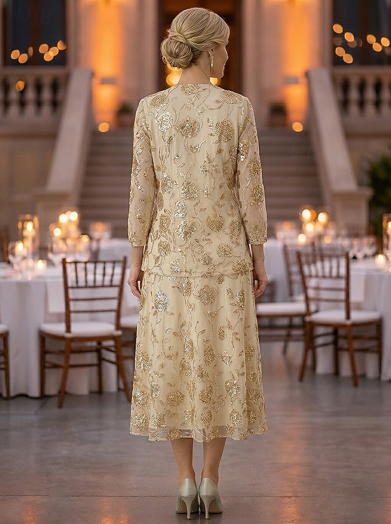 Zweiteilig A-Linie Knöchellänge Tee-Länge Kleid für Hochzeitsgäste Brautmutterkleid Ärmellos Langarm Rundausschnitt Elegant luxuriös Glanz & Glamour Formell Hochzeitsgast Chiffon Paillettenbesetzt mit 2026 - $182.99 –P4