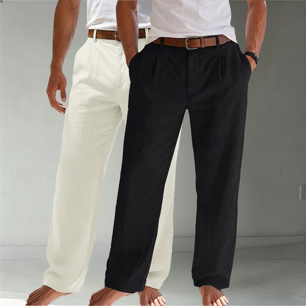Homens Calças de linho Calças Calça verão Calças largas Calças de praia Bolsos Tecido Conforto Respirável Comprimento total Casual Diário Ao ar livre Moda Negócio Bege + preto Branco+Azul Marinho Sem de 2026 por $45.99 –P9