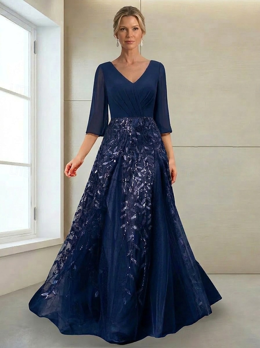 A-lijn Jurken Tot de grond Maxi-jurk Moeder van de bruid jurk Lange mouw V-hals Elegant Luxueus Glitter & Sprankel Formeel Bruiloft gast Formele avonden Chiffon Kant met Kralen Pailletten 2026 - $159.99 –P4