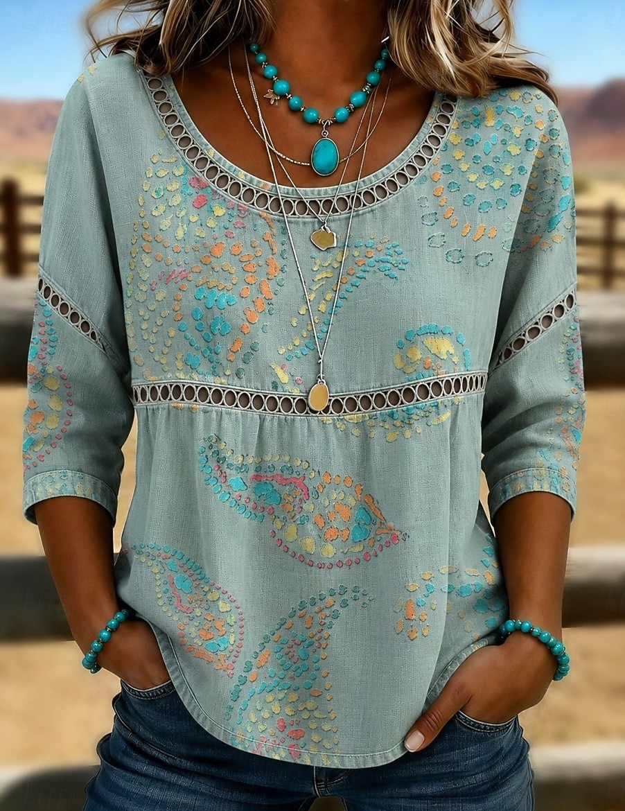 Dames Overhemd Oogje top Normaal shirt Bloemig Grafisch Elegant Bohemen Actief 3/4 mouw Strakke ronde hals Lange tops Casual blauw Grijs-Groen Blozend Roze Regenboog Zomer Lente Herfst Winter 2026 - $11.99 –P4