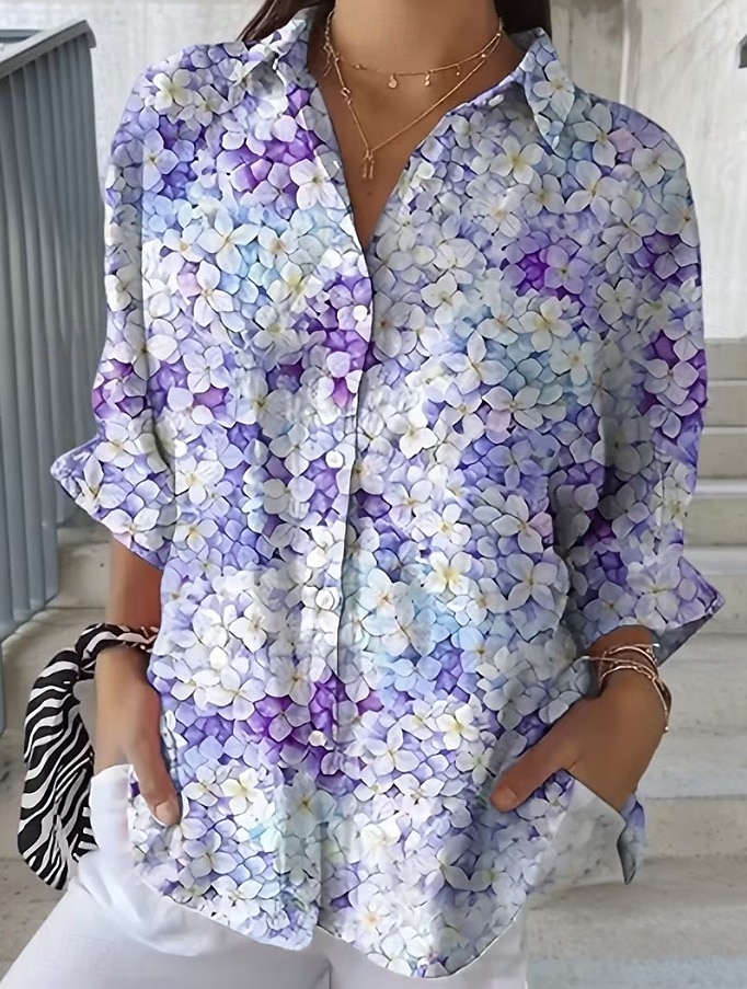 Dame Skjorte Rynket Blomstret Grafisk Elegant Ferie Stilfull 3/4 ermer Skjortekrage Crop Tops Avslappet Daglig Arbeid Hvit Gul Rosa Lys Lilla Lilla Sommer Vår 2026 - $41.99 –P7