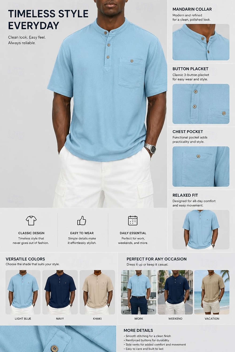 Men's Tee Linen T-Shirt Short Sleeve Solid Color Plain Vacation Pocket Buttons Henley Casual Daily Outdoor Summer Spring &  Fall Light Blue Navy Blue Khaki Henley T-Shirt 2026 - $23.99 –P2