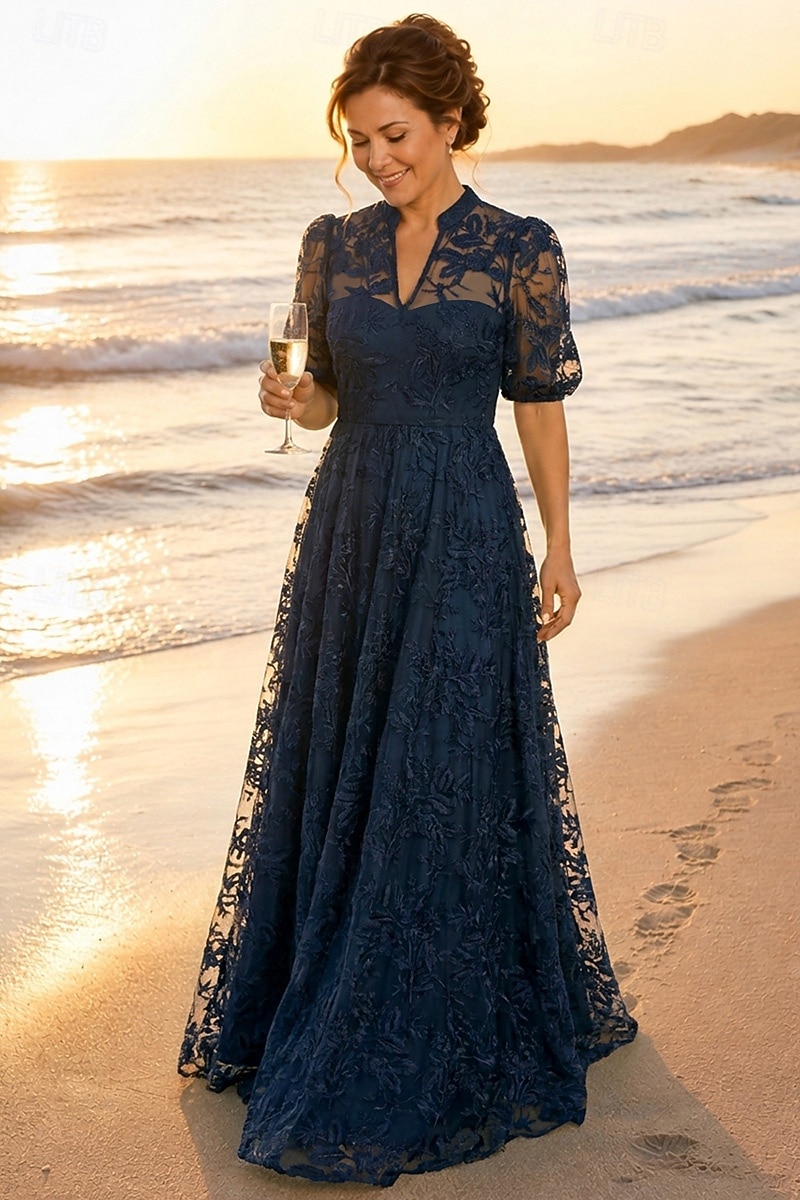 A-Linie Kleid Bodenlang Spitzenkleid Brautmutterkleid Kurzarm V Ausschnitt Hoher Ausschnitt Elegant Vintage luxuriös Formell Hochzeitsgast Semi-Formal Spitze mit Stickerei Applikationen 2026 - $194.99 –P1