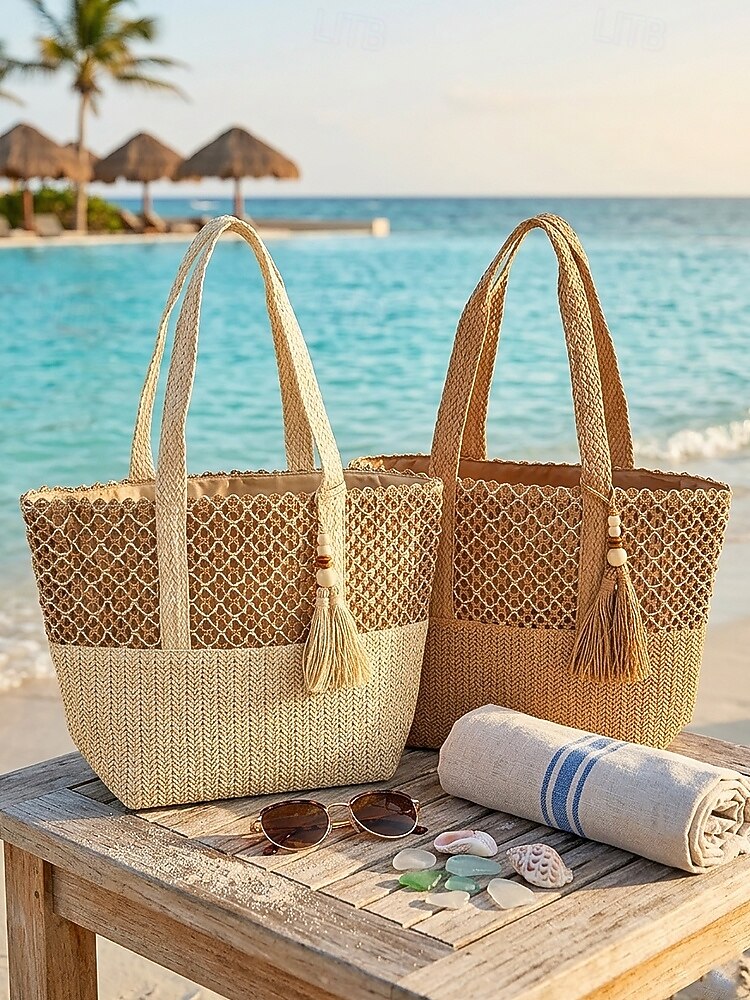 Borsa tote da donna in stile bohémien intrecciata, borsa a tracolla capiente color kaki beige da spiaggia con ciondolo a nappina, ideale per vacanze al mare, viaggi e abbigliamento casual quotidiano. del 2026 a $18.99 –P3