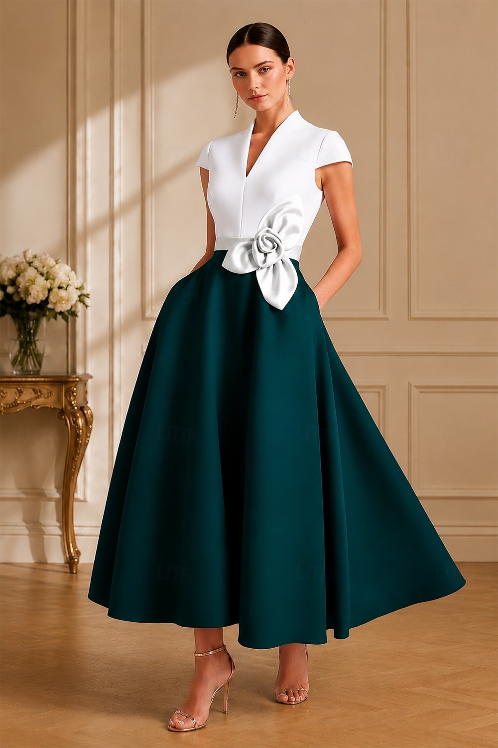 A-Linie Tee-Länge Cocktailkleider Partykleider Elegant Farbblock seidig Kurzarm V Ausschnitt Hochzeit Formell Tasche Satin mit Tasche 2026 - $172.99 –P13
