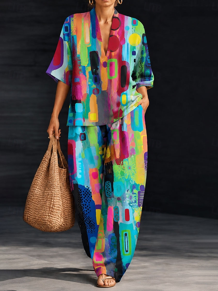 Women's Shirt Pants Sets Half Sleeve V Neck Graphic Geometric Print Vacation Fashion Streetwear Casual Daily Outdoor Blue Orange Beige Spring & Summer Loose Fit 2026 - $55.99 –P4