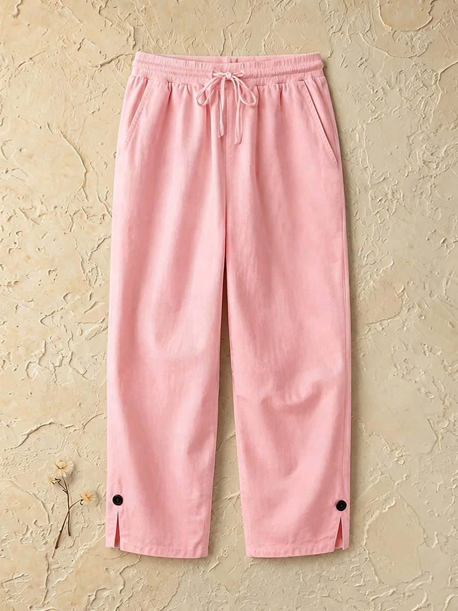 Women's Cotton Linen Shorts Capri Pants Slacks Summer Shorts Casual Calf-Length Natural Plain Pocket Elastic Drawstring Design Comfy Outdoor Outdoor Going out Light Pink Orange red White Pink Summer 2026 - $25.99 –P4