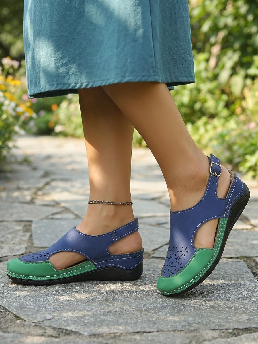 Damessandalen met gesloten neus in twee kleuren - comfortabele wedgehakken met uitgesneden details en geperforeerde bloemenaccenten. &Verstelbare enkelgesp, ademende casual sandalen voor dagelijks 2026 - $24.99 –P5