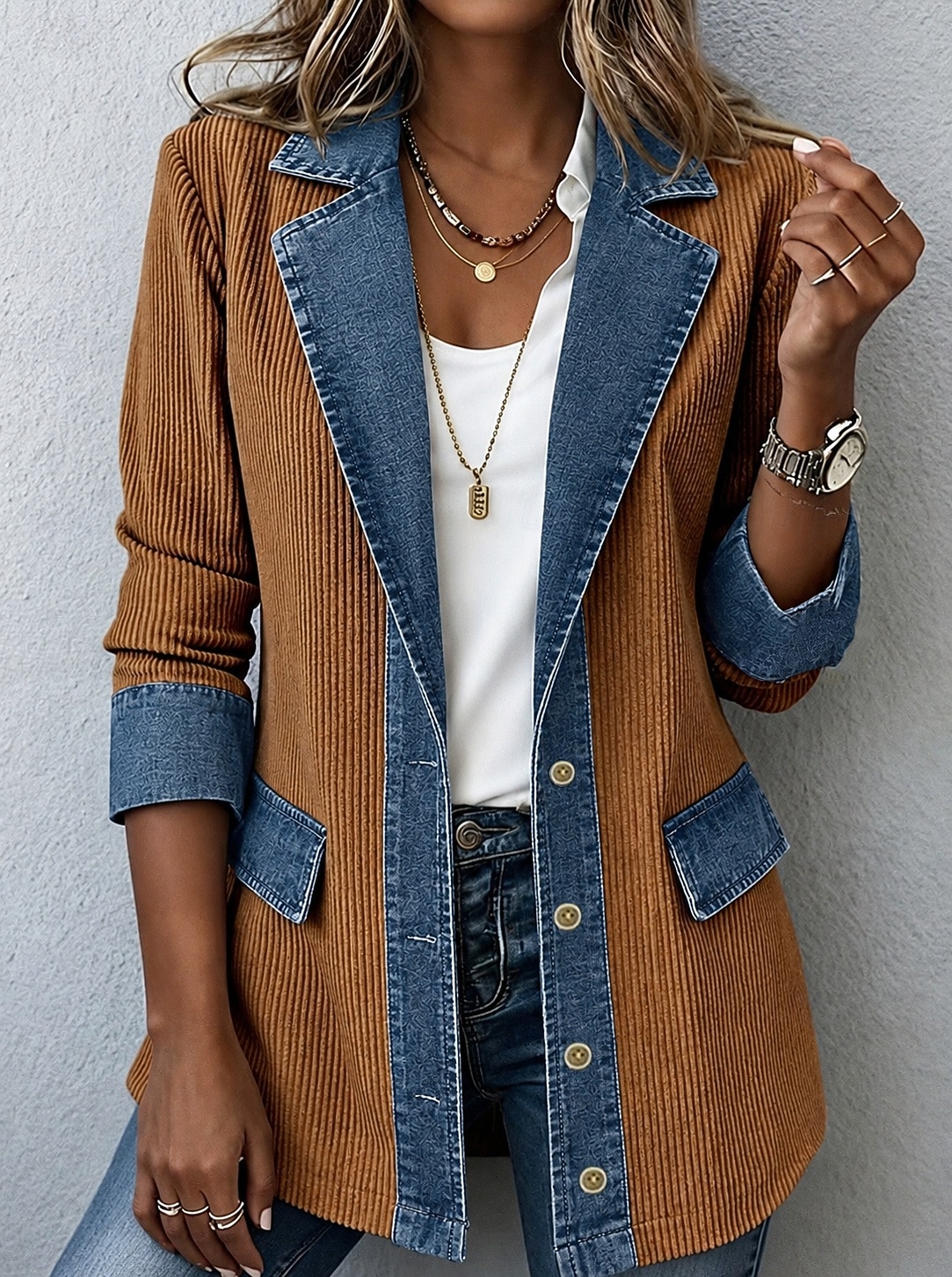 Femmes Veste en Velours Côtelé Veste Décontractée Veste en Jean Confortable Respirant Patchwork Bloc de Couleur Boutons Mode Occasionnel Bloc de Couleur Occasionnel Rue Tenue quotidienne Régulier Col de 2026 ? $41.99 –P4