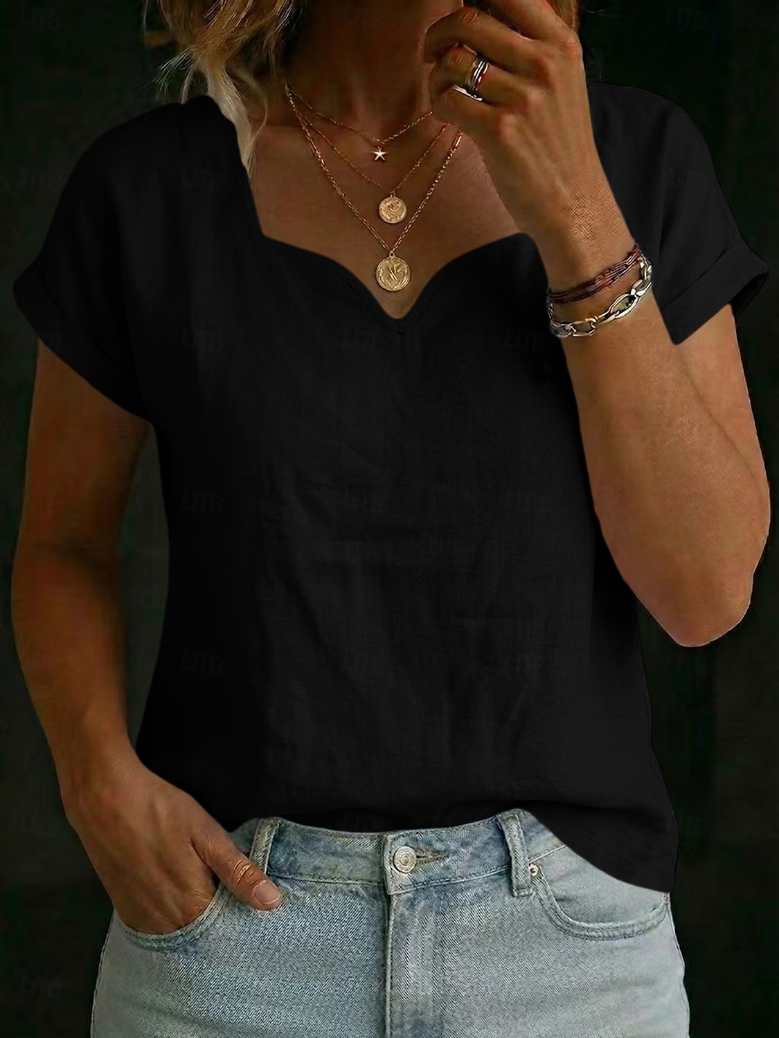 Women's T Shirt Tee Top Patchwork Solid Color Fashion Casual Short Sleeve Peach-shaped Regular Tops Casual Daily Vacation Wear Light Blue Black White Yellow Pink Summer Spring 2026 - $25.99 –P5