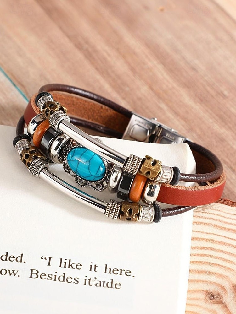 Bracelet manchette pour homme en cuir turquoise avec tête de mort et détails métalliques, style bohème western, parfait pour une tenue décontractée au quotidien. de 2026 ? $11.99 –P6