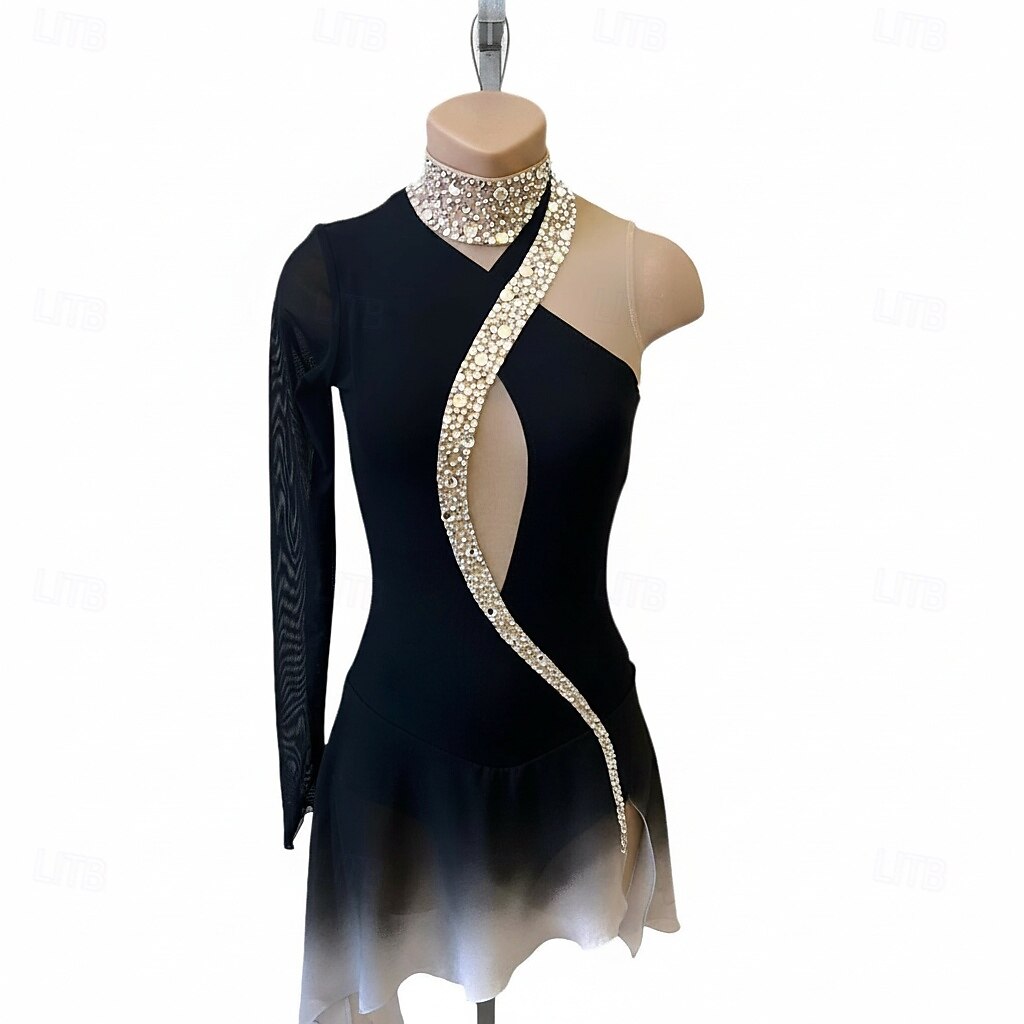 Abito da pattinaggio artistico Per donna Pattinaggio sul ghiaccio Vestito Nero Patchwork Schiena aperta Elasticizzato Allenamento Competizione Vestiti da pattinaggio sul ghiaccio Classico Cristallo del 2026 a $237.69 –P1