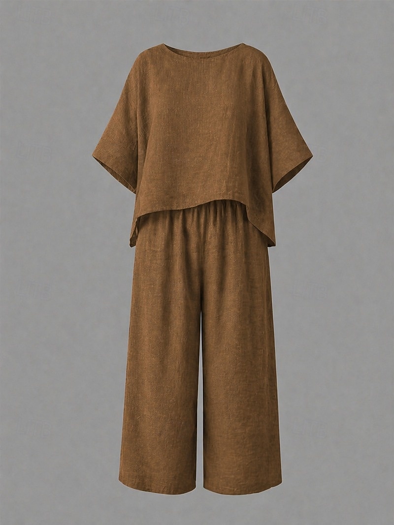 Conjuntos de lino y algodón para mujer, conjuntos de dos piezas, color puro, elegantes, casuales, cómodos, para el hogar, uso diario, primavera y otoño. 2026 - $15.49 –P10