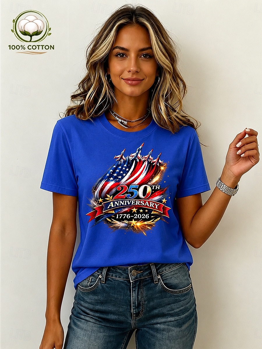 Amerikansk uavhengighetsdag Dame 100% قطن T skjorte Trykt mønster Grafisk Bokstaver Amerikansk flagg Årgang Stilfull Fritid Kortermet Crew-hals Vanlige topper Avslappet Daglig Helg Blå Svart Hvit 2026 - $24.99 –P4
