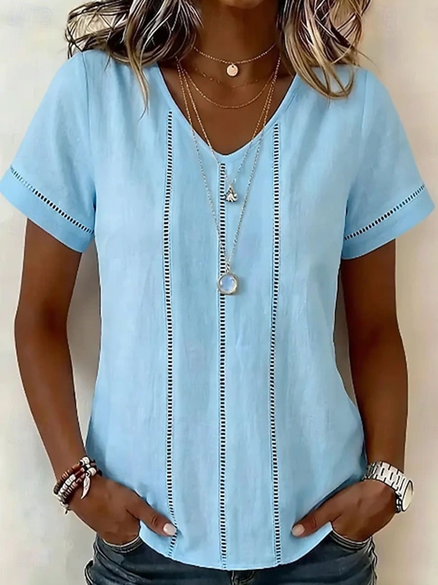 Women's Blouse Lace Trim Solid Color Vintage Stylish Basic Short Sleeve V Neck Regular Tops Casual Daily Blue White Pink Summer Spring 2026 - $29.99 –P4