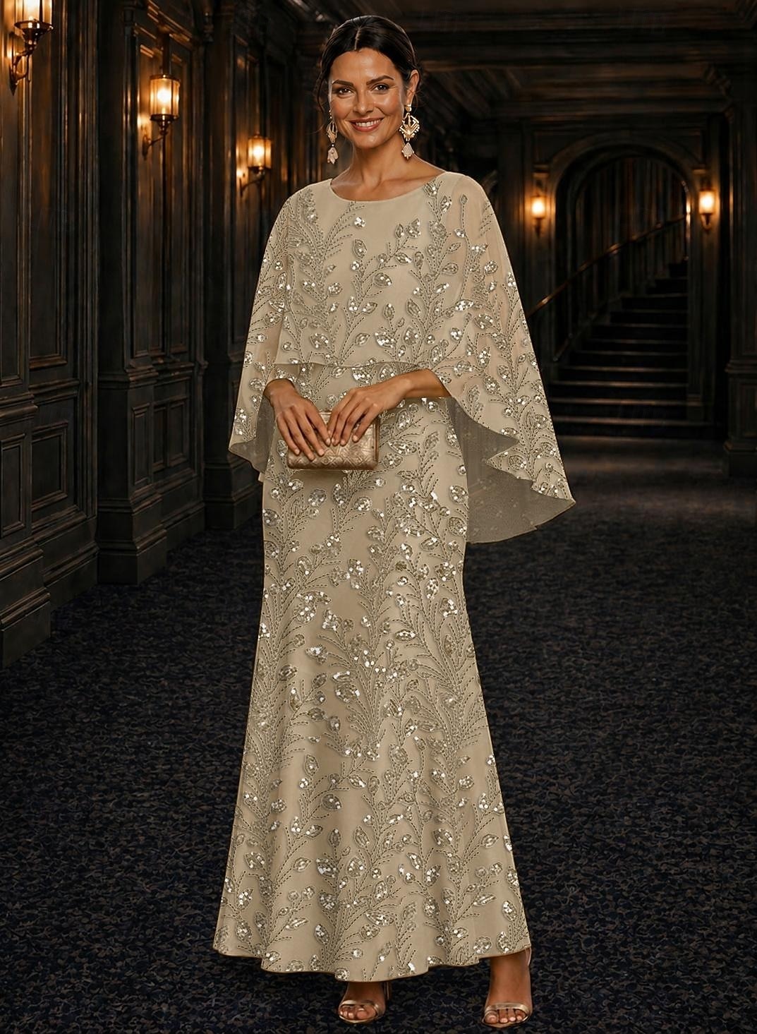 A-Line Dress Floor Length Ankle Length Cocktail Dress Mother of the Bride Dress Long Sleeve Scoop Neck Elegant Luxurious Sparkle & Shine Formal Wedding Guest Semi Formal Lace with Beading Sequin 2026 - $205.89 –P1