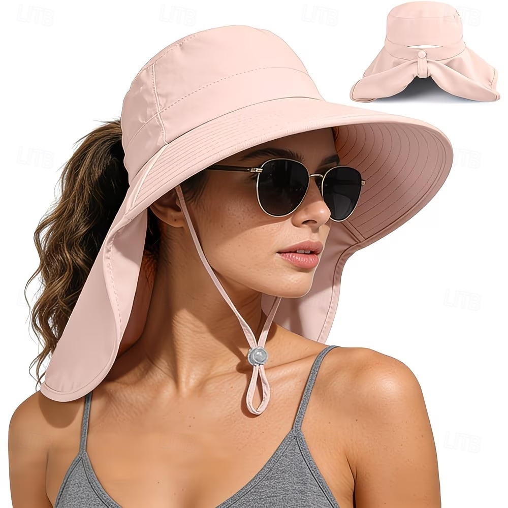 Sombrero de sol para mujer, plegable, de ala ancha, con solapa para cubrir el cuello y abertura para coleta. Permite llevar coleta sin oprimir la cabeza. Transpirable y fresco, ideal para vacaciones 2026 - $9.99 –P1
