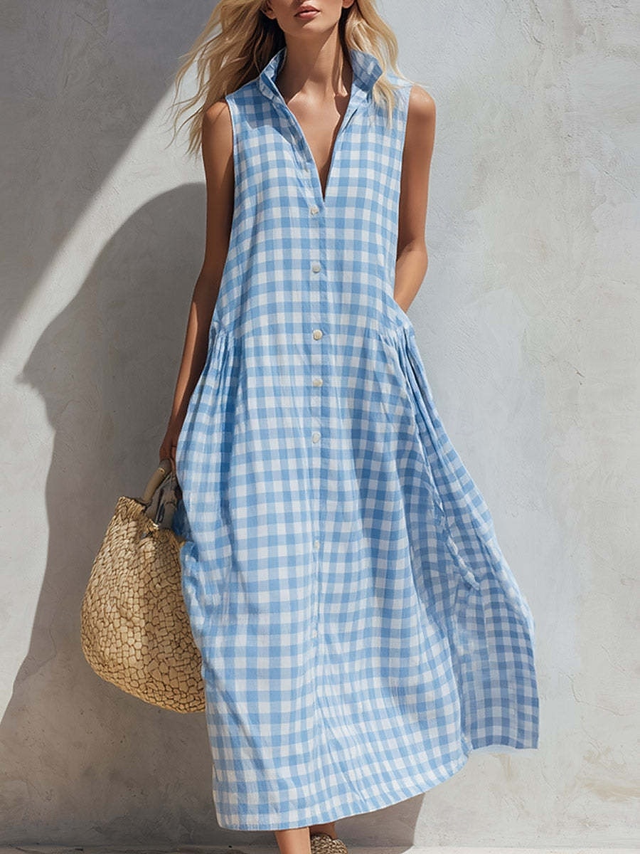 Per donna Abito maxi Abito Boho Vintage Vacanza Vestibilità comoda Plaid Senza Maniche Colletto a Camicia Blu chiaro Giallo Verde chiaro Rosso Estate del 2026 a $26.99 –P2