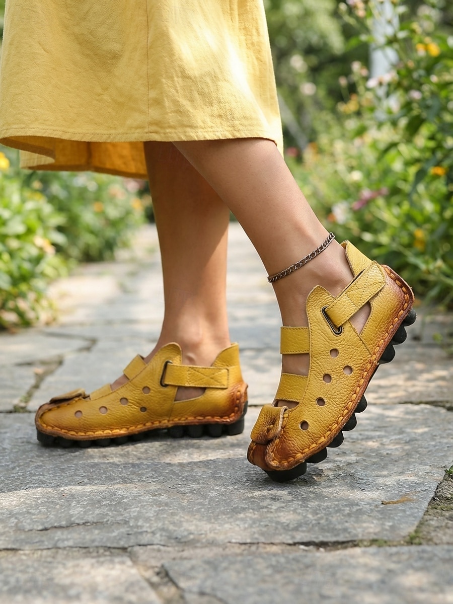 Women's Yellow Genuine Leather Closed Toe Sandals - Breathable Cutout Comfort Shoes with Magic Tape Strap for Walking, Travel, Daily Wear & Outdoor 2026 - $46.99 –P1