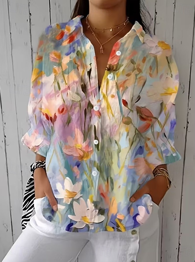 Dame Skjorte Rynket Blomstret Grafisk Elegant Ferie Stilfull 3/4 ermer Skjortekrage Crop Tops Avslappet Daglig Arbeid Hvit Gul Rosa Lys Lilla Lilla Sommer Vår 2026 - $41.99 –P4