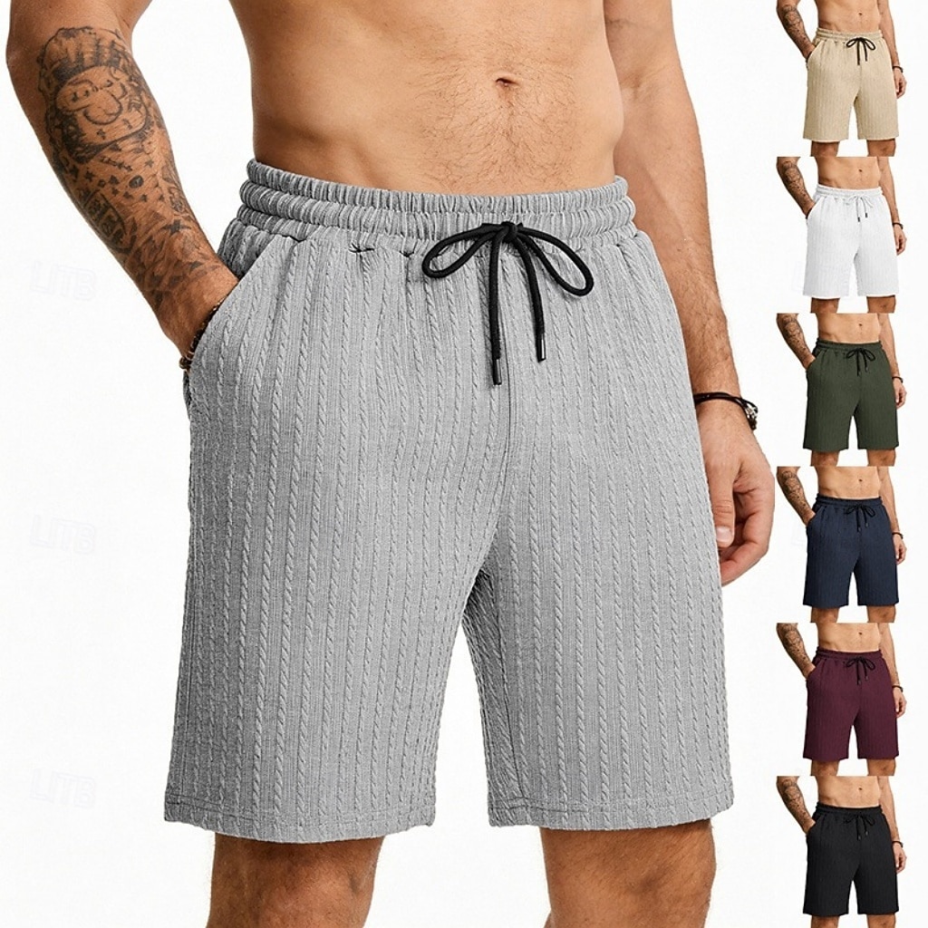 Men's Shorts Summer Shorts Beach Shorts Casual Shorts Jacquard Pocket Elastic Waist Plain Comfort Breathable Knee Length Outdoor Beach Vacation Vacation Fashion Khaki Black Micro-elastic 2026 - $21.99 –P1