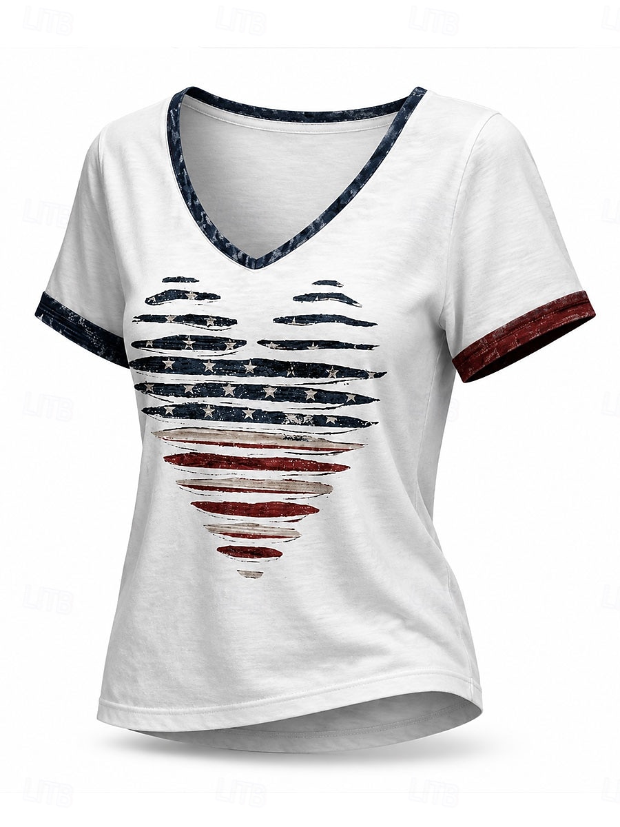 Dia da Independência Americana Mulheres Camiseta Imprimir Gráfico Letra Bandeira americana à moda Clássico Casual Manga Curta Decote V Tops regulares Casual Diário Azul Branco Cinzento Verão Primavera de 2026 por $21.99 –P2