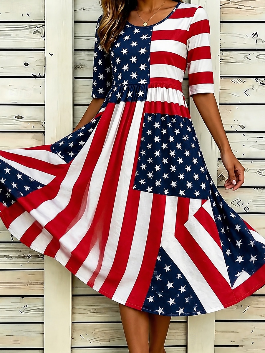 Women's Midi Dress Shift Dress Vacation Casual Holiday Regular Fit Graphic Flag Half Sleeve Crew Neck Blue White Red Summer Spring 2026 - $33.99 –P3