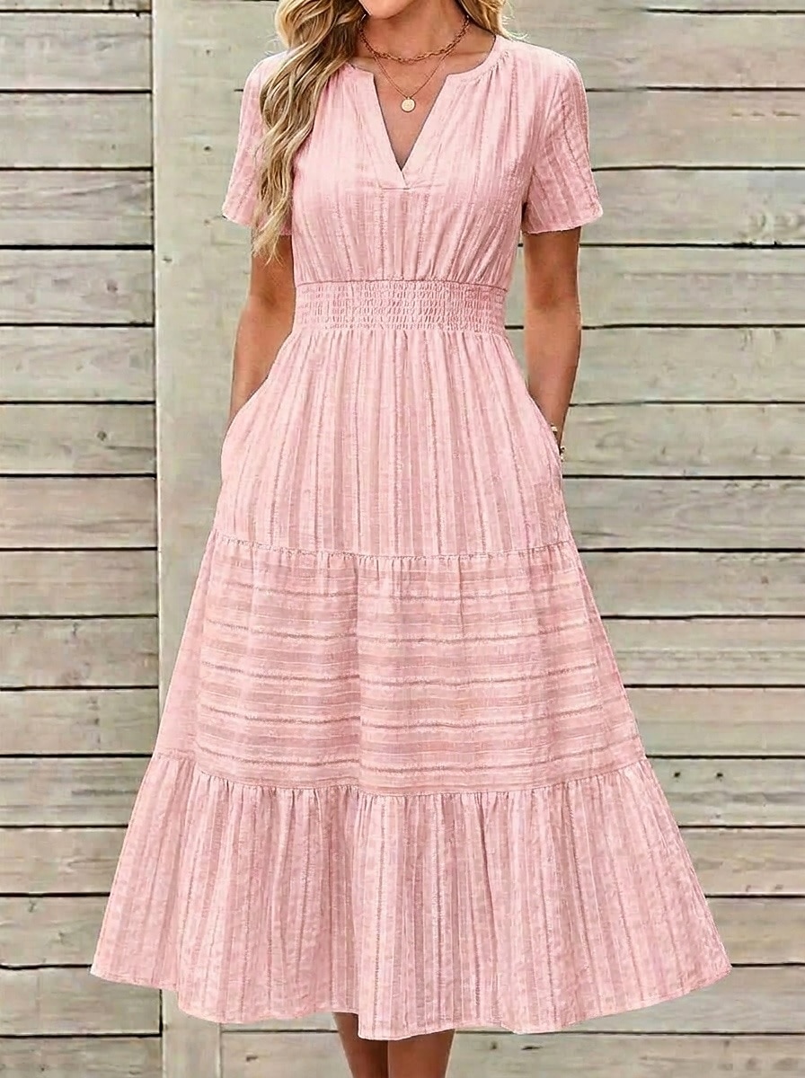 Dam Midiklänning Vardagsklänning A linjeklänning Sommarklänning Grundläggande Klassisk Dagligen Semester Normal Slät Kortärmad V-hals Svart Vit Gul Rodnande Rosa Sommar Vår 2026 - $33.99 –P2