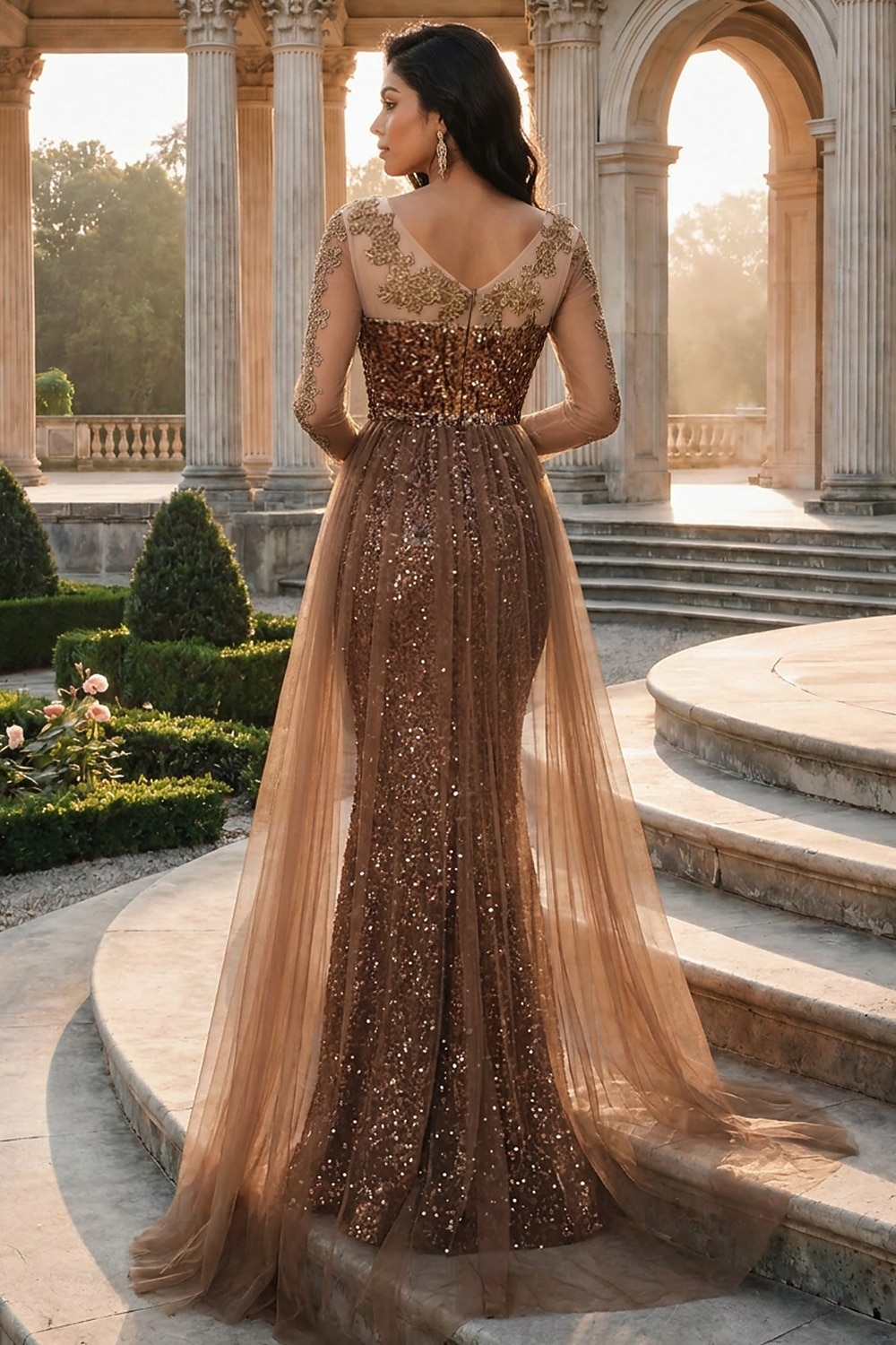 Corte Trompeta Sirena Hasta el Suelo Vestidos de noche Vestido de baile con sobrefalda Vestimenta formal Elegante Manga Larga Cuello Barco Fiesta de baile Fiesta de Noche Tul con Lentejuela 2026 - $114.99 –P2