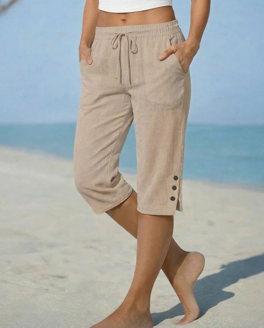 Dame Shorts i bomullslin Capri-bukser kinesisk Shorts Ferie Grunnleggende Fritid Capris Medium Midje عادي Lomme Elastisk midje Komfort Pustende Uelastisk Daglig utendørs Feriereise Svart Hvit 2026 - $11.99 –P4