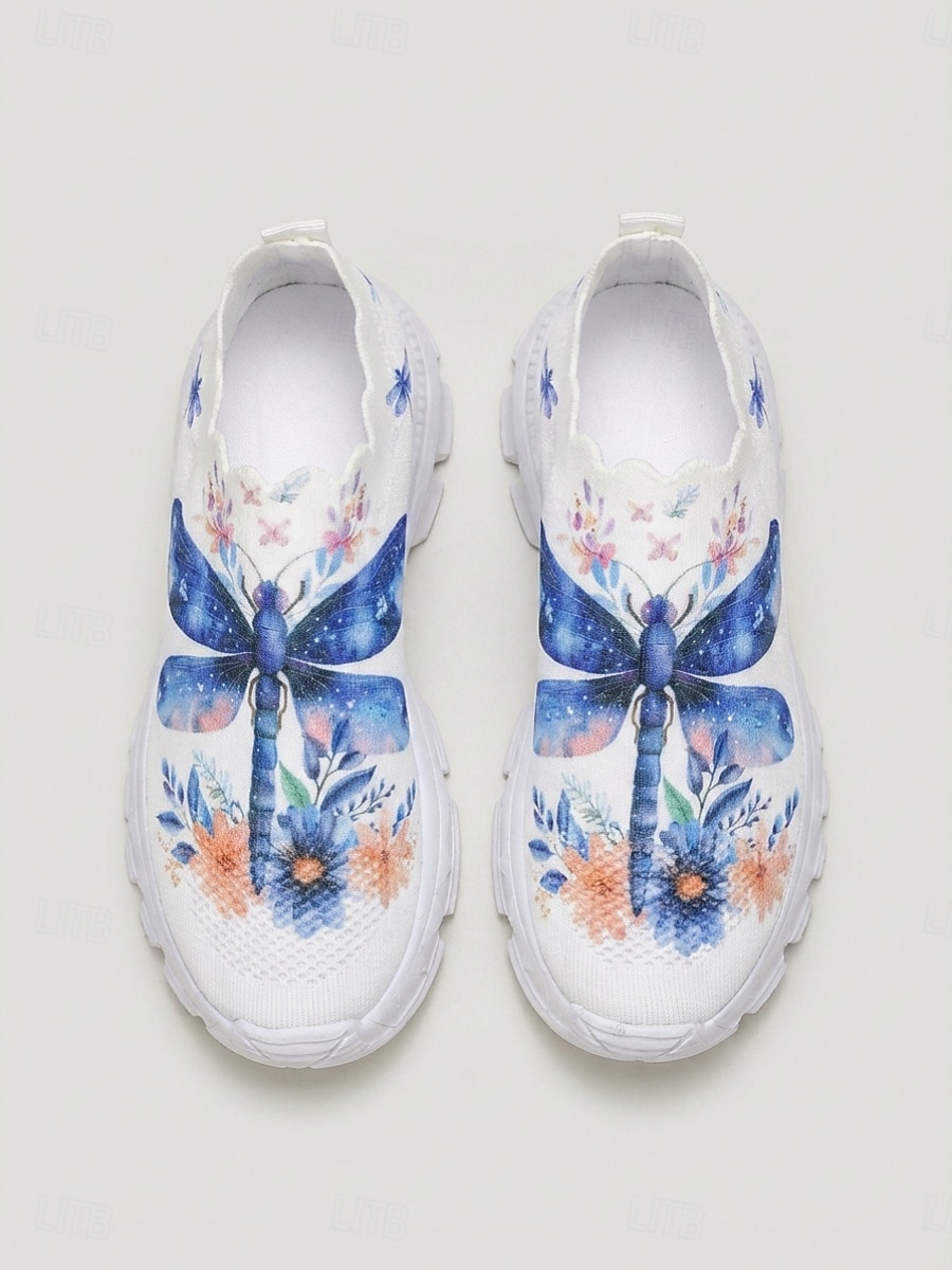 Γυναικεία μπλε slip-on αθλητικά παπούτσια με τύπωμα λιβελούλας - ογκώδη, casual παπούτσια, αναπνεύσιμα υποδήματα για καθημερινή χρήση, γυμναστήριο, περπάτημα &ταξίδι 2026 - $26.99 –P6