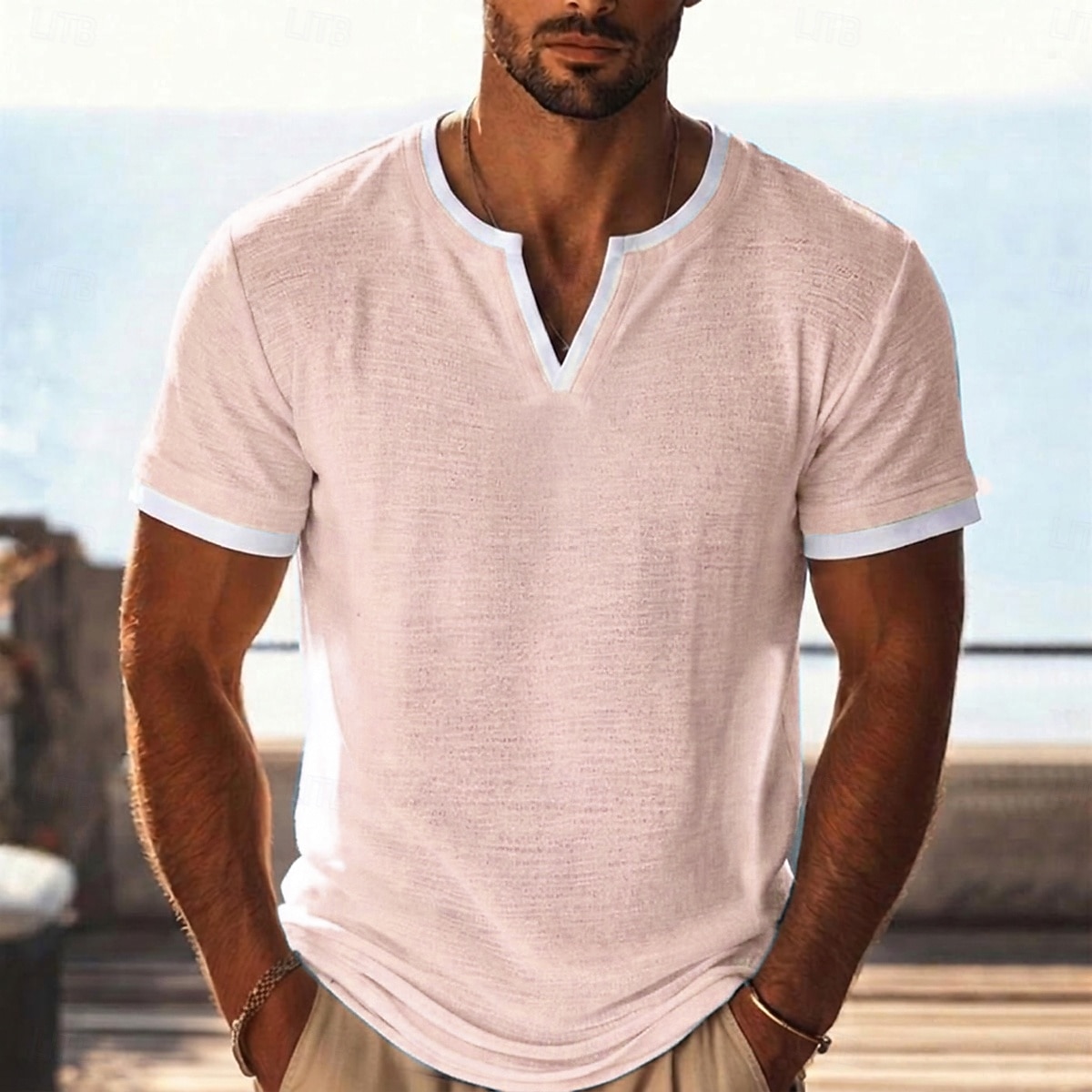 Men's Linen T-Shirt Short Sleeve V Neck Spring & Summer Summer Spring Solid Color Plain Vintage Bohemian Casual Color Block Fake two piece Plain Casual Vacation Street Black Light Green Light Blue 2026 - $19.99 –P7
