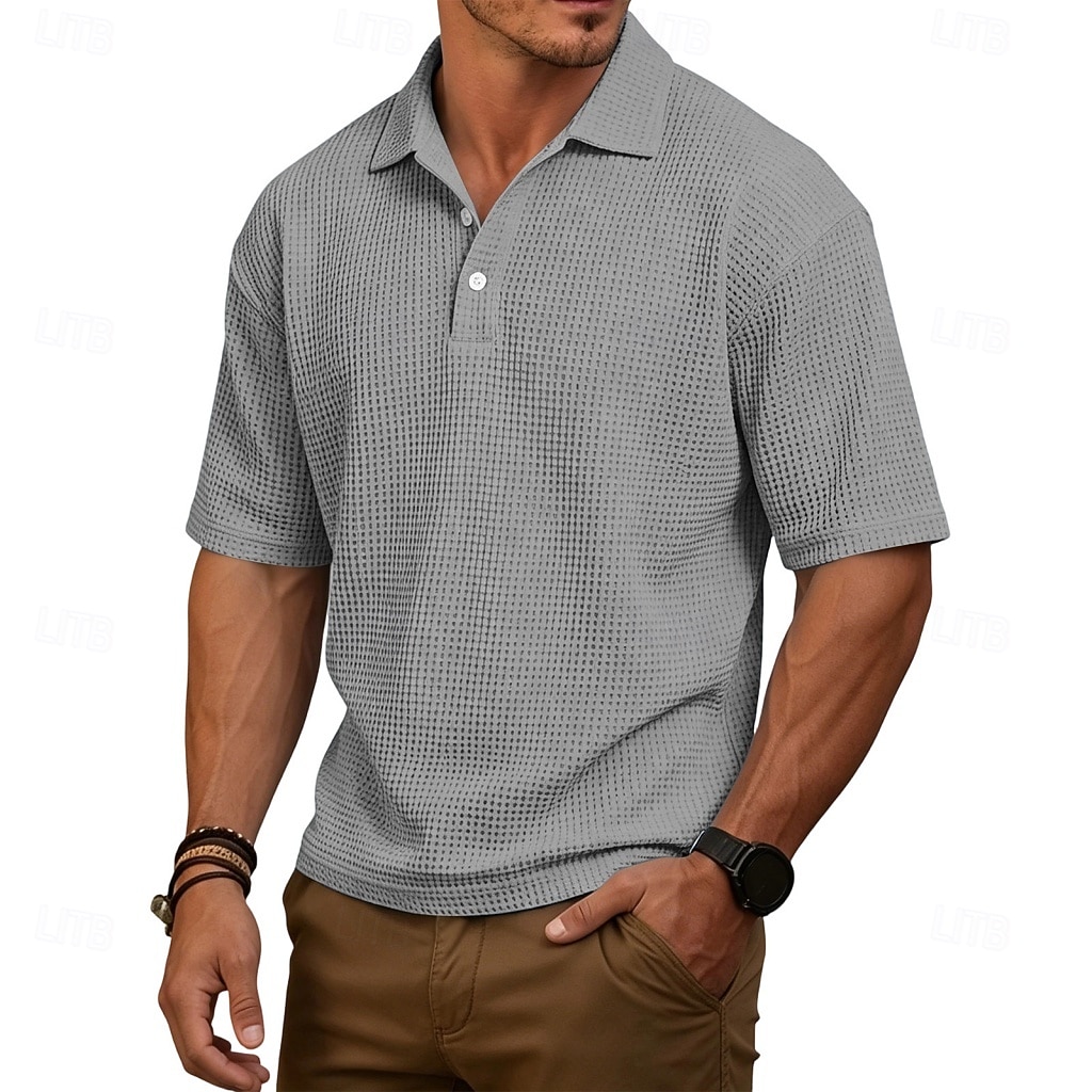 Homens Camisas Polo Waffle Textura Casual Rua Lapela Manga Curta Básico Moderno Tecido Leve Botões Verão Primavera Ajuste Largo Azul Preto Branco Verde Claro Vinho Azul Marinha Camisas Polo Waffle de 2026 por $21.99 –P2
