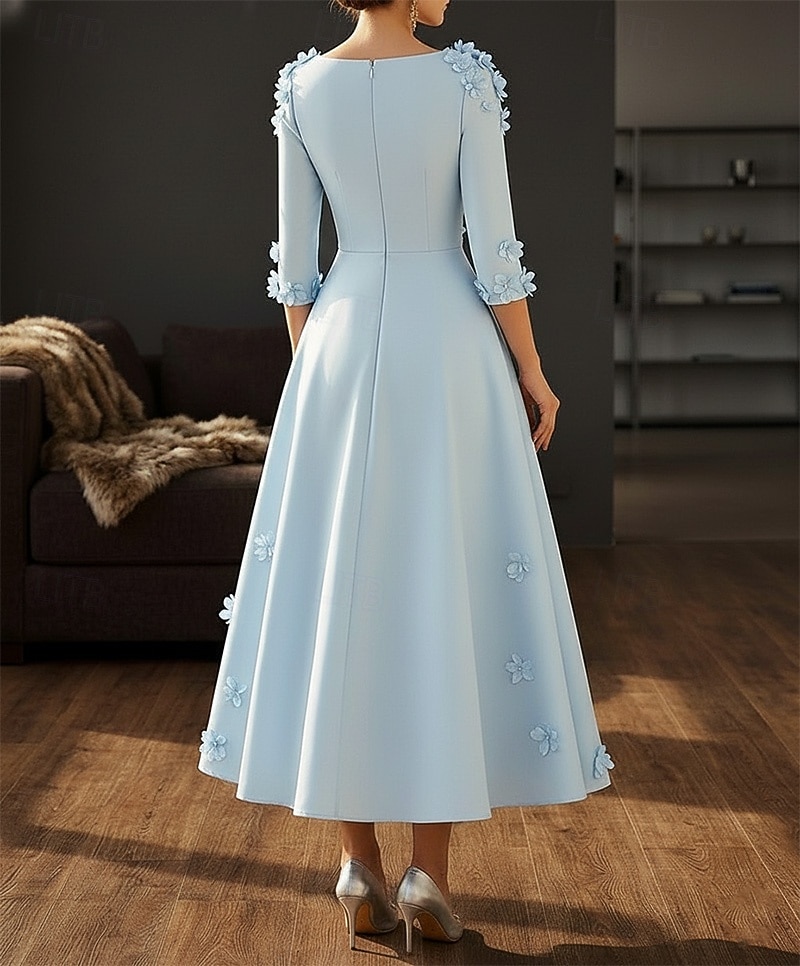 Linea ad A Lunghezza alla caviglia Lunghezza Tè Abito Formale Abiti da Cocktail Elegante Manica 3/4 Scollo a V Matrimonio Formale Raso con Fiori 3D del 2026 a $182.99 –P4