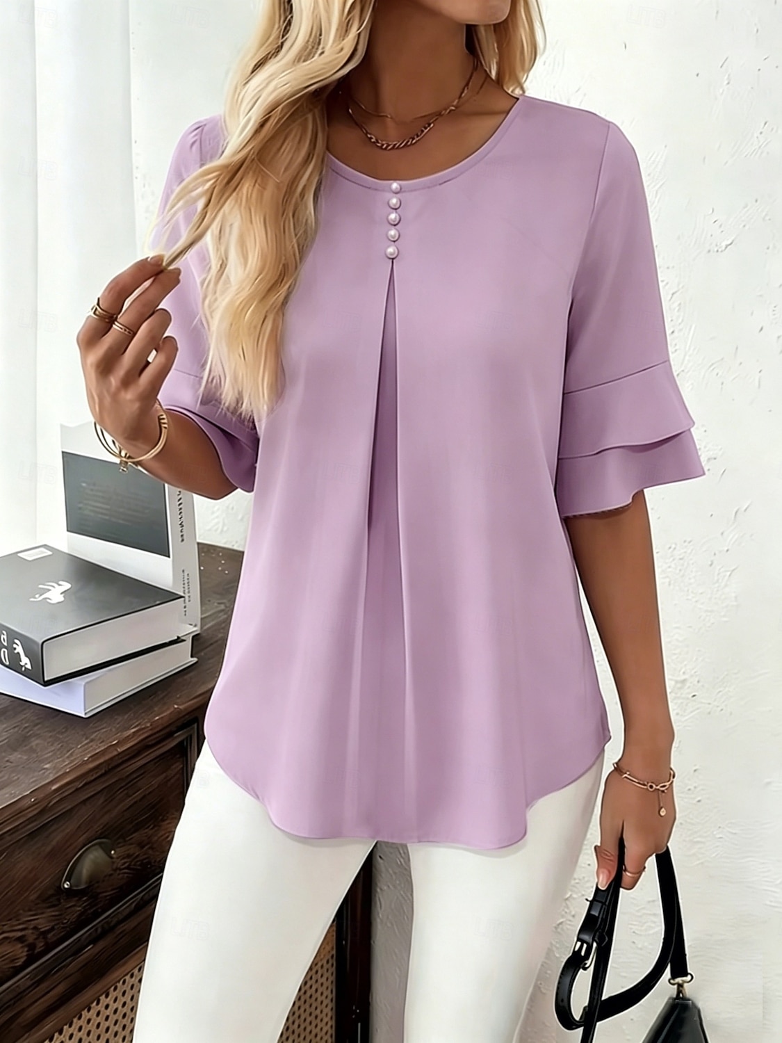 Per donna Camicia Blusa Tinta unica Elegante Vacanza Manica Corta Manicotto a foglia di loto Girocollo Top Regolari Casuale Quotidiano Blu chiaro Rosso-arancio Verde chiaro Rosa Viola chiaro Estate del 2026 a $27.99 –P5
