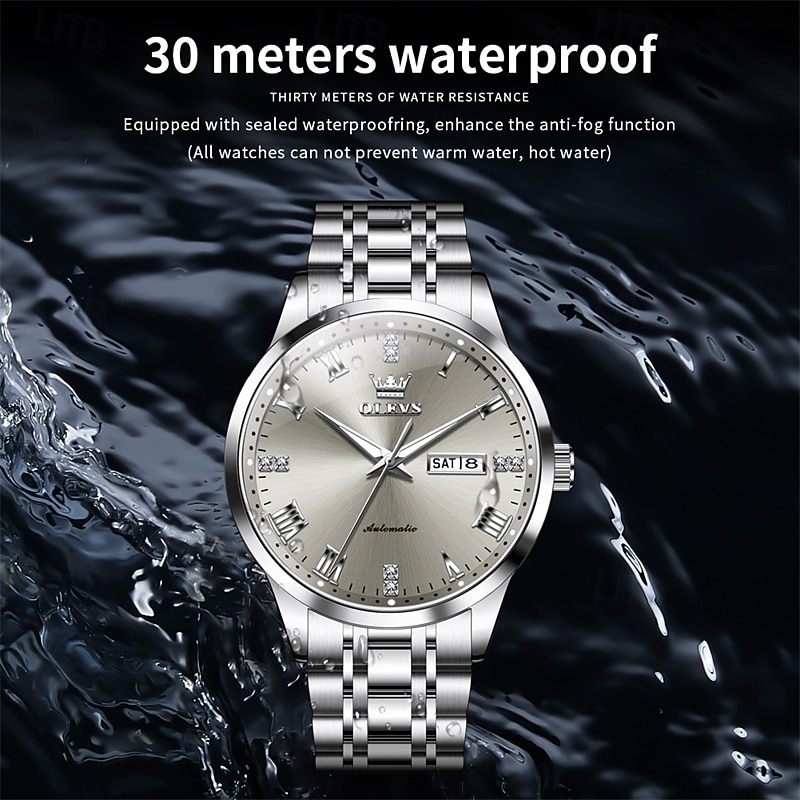 OLEVS Men's Automatic Mechanical Watch, Luxury Stainless Steel Business Dress Watch for Men, Self Winding Wristwatch with Day Date, Waterproof Luminous Diamond Roman Numerals Black Dial Gift Box 2026 - $81.99 –P15