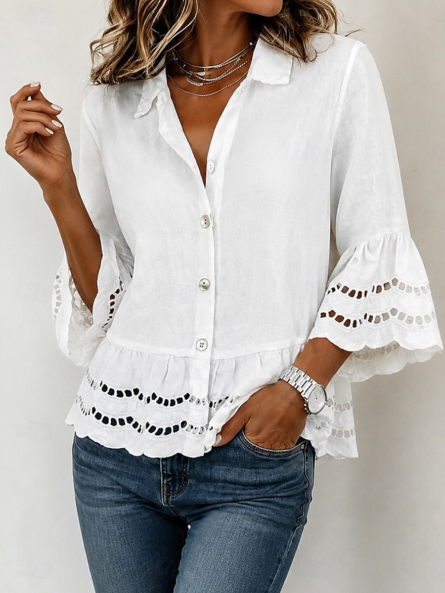 Per donna Blusa Bottoni Bordo in pizzo Tinta unica Elegante Vacanza Casual Manica 3/4 Colletto a Camicia Top Regolari Quotidiano Blu Bianco Estate Primavera Autunno del 2026 a $25.99 –P6