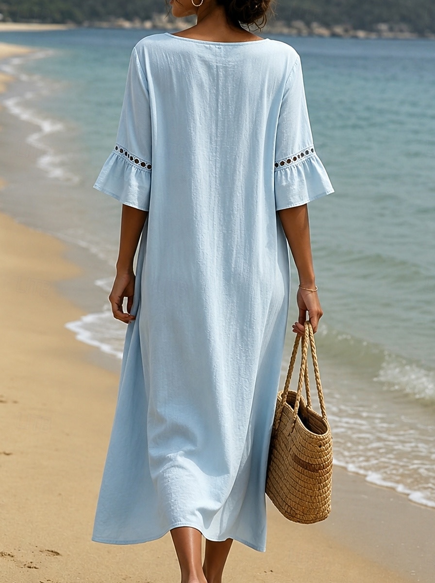 Damen Midikleid Kleider in Leinenoptik Sommerkleid Basic Klassisch Täglich Urlaub Lässiger Schnitt Einfach Halbarm V Ausschnitt Blau Weiß Hellgrün Aprikose Sommer Frühling 2026 - $31.99 –P4