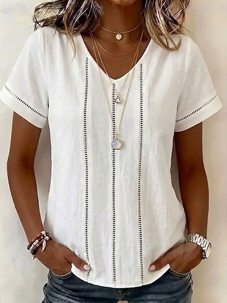 Women's Blouse Lace Trim Solid Color Vintage Stylish Basic Short Sleeve V Neck Regular Tops Casual Daily Blue White Pink Summer Spring 2026 - $29.99 –P2