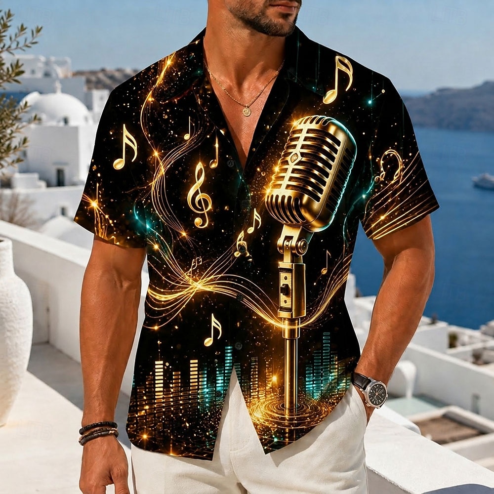 Men's Music Musical Instrument Saxophone Shirt Button Up Shirt Camp Collar Shirt Short Sleeve Vintage Retro Music Festival Holiday Summer Spring Cuban Collar 3D Print Yellow Pink Orange Green 2026 - $25.99 –P2
