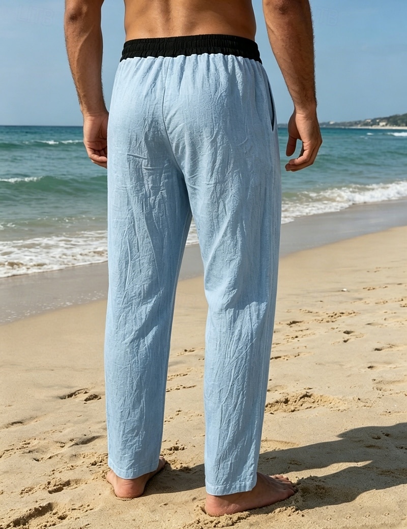 Men's Linen Pants Trousers Summer Pants Beach Pants Drawstring Pocket Elastic Waist Color Block Comfort Breathable Knee Length Daily Outdoor Beach Vacation Fashion Black White Inelastic 2026 - $26.99 –P11
