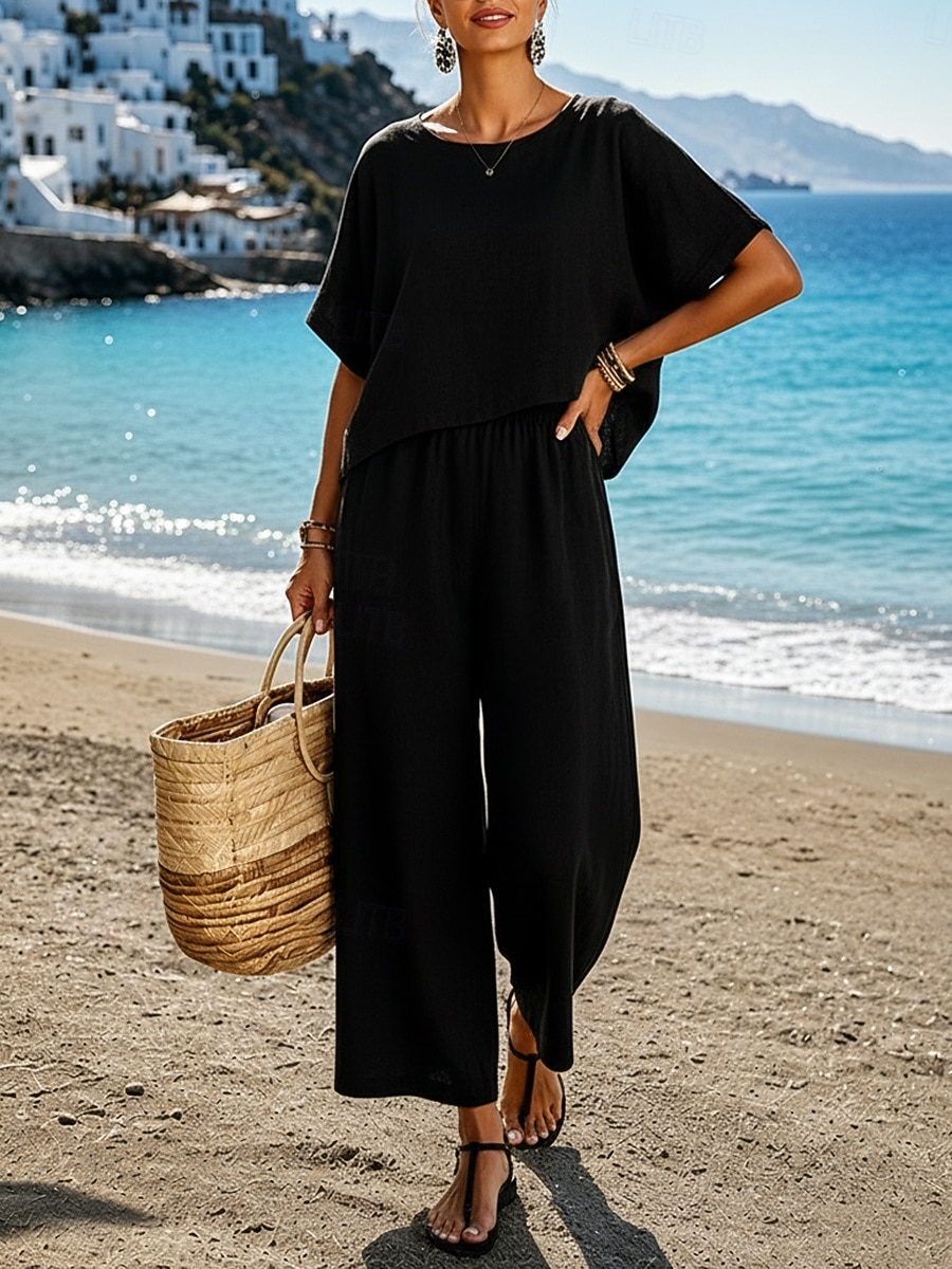 Set da donna in cotone e lino, due pezzi, colore puro, caldo, casual, comodo, per la casa, quotidiano, primavera, autunno del 2026 a $42.99 –P15