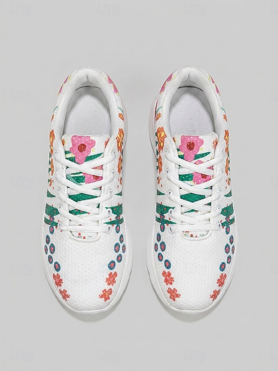 Women's White Floral Print Breathable Sneakers - Lightweight Lace-Up Casual Shoes with Colorful Flower Pattern, Comfortable Non-Slip Footwear for Walking, Travel & Daily Wear 2026 - $34.99 –P3
