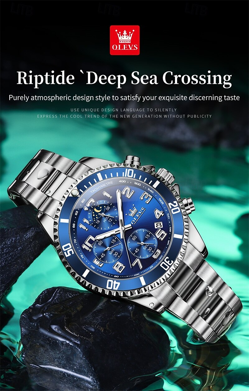 OLEVS Men's Chronograph Watch Luxury Green Face Two Tone Stainless Steel Moon Phase Waterproof Luminous Analog Quartz Wrist Watch for Men Big Face Fashion Sport Business Watch Gifts for Him 2026 - $39.99 –P2