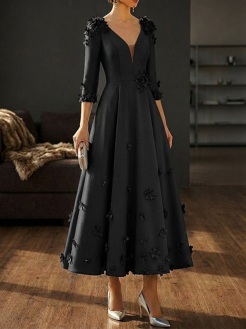 Linea ad A Lunghezza alla caviglia Lunghezza Tè Abito Formale Abiti da Cocktail Elegante Manica 3/4 Scollo a V Matrimonio Formale Raso con Fiori 3D del 2026 a $182.99 –P6