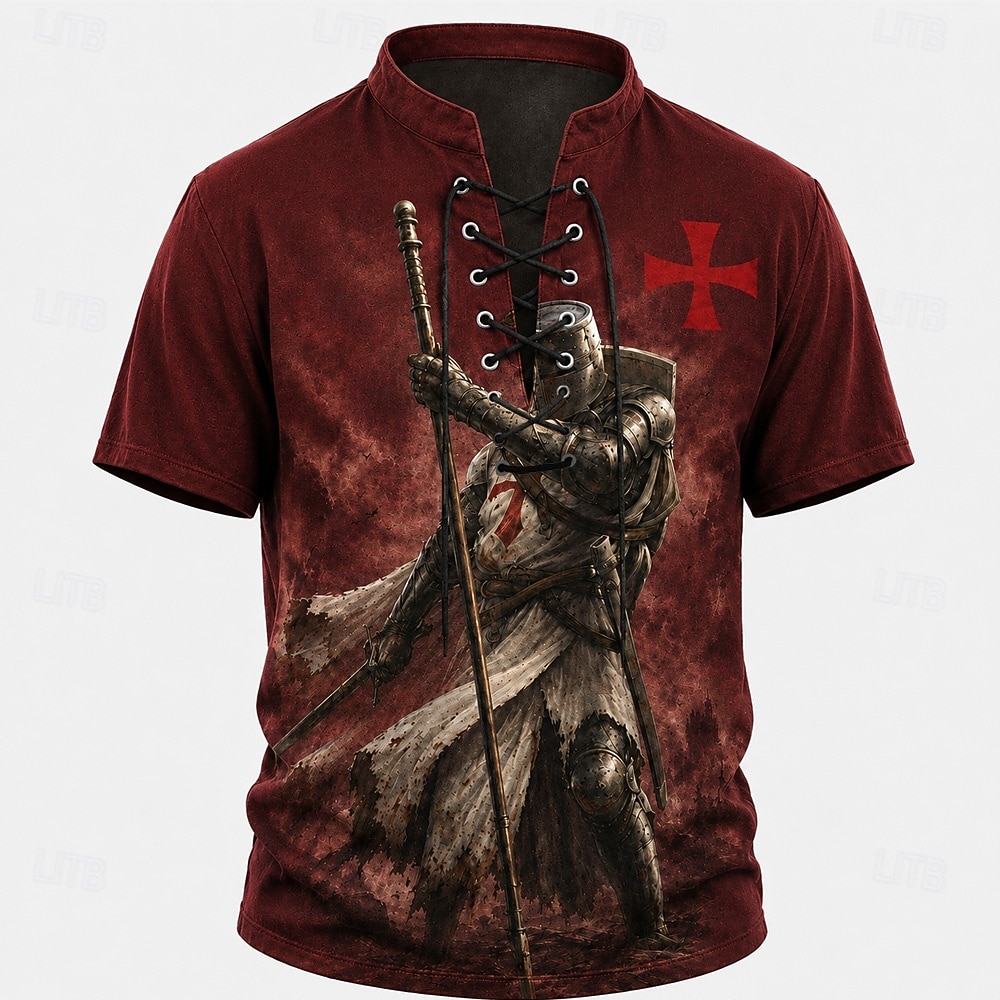 Men's Knights Templar Crusaders Cross Henley Shirt T shirt Tee Short Sleeve T shirt 3D Print Lace Up Neck Henley Shirt Religious Daily Festival Red Khaki Dark Blue Spring & Summer Clothing Apparel S 2026 - $23.99 –P3