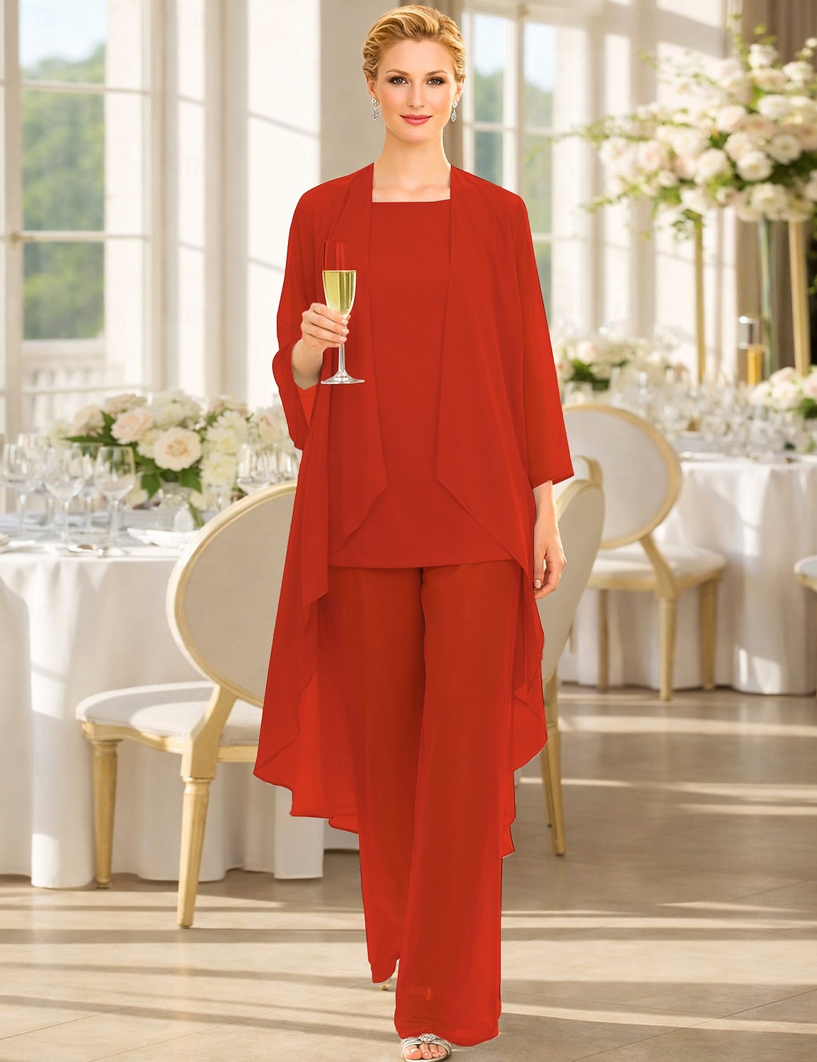 Traje de pantalón Traje de 3 piezas Hasta el Suelo Vestido de Madrina Sin Mangas Barco de cuello Elegante Talla Grande Bolero incluido Invitado a la boda Gasa Vestidos de chaqueta con Un Color 2026 - $137.99 –P11
