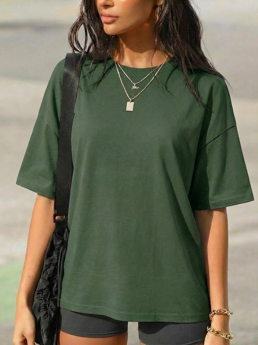 Per donna 100% cotone Maglietta Tinta unica Elegante Casual Manica Corta Girocollo Top Regolari Quotidiano Sportivo Uscire Cachi Rosa intenso Verde primavera Nero Bianco Estate Primavera del 2026 a $19.99 –P11