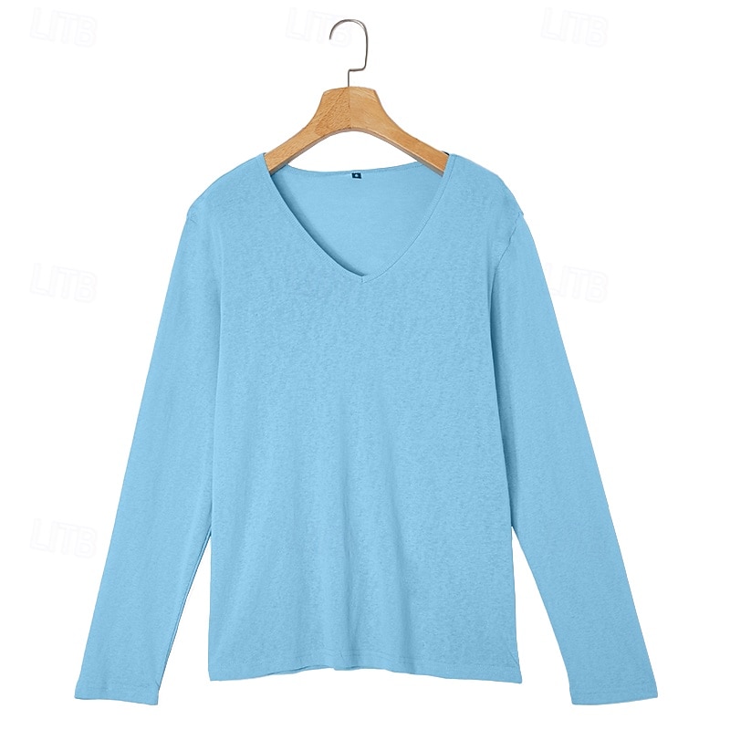 Heren linnen t-shirt met lange mouwen en V-hals, geschikt voor de zomer en lente. &zomerse effen kleur, eenvoudig, alledaagse casual streetstyle, effen, outdoor, casual, lichtblauw, meerblauw, zwart 2026 - $10.99 –P2