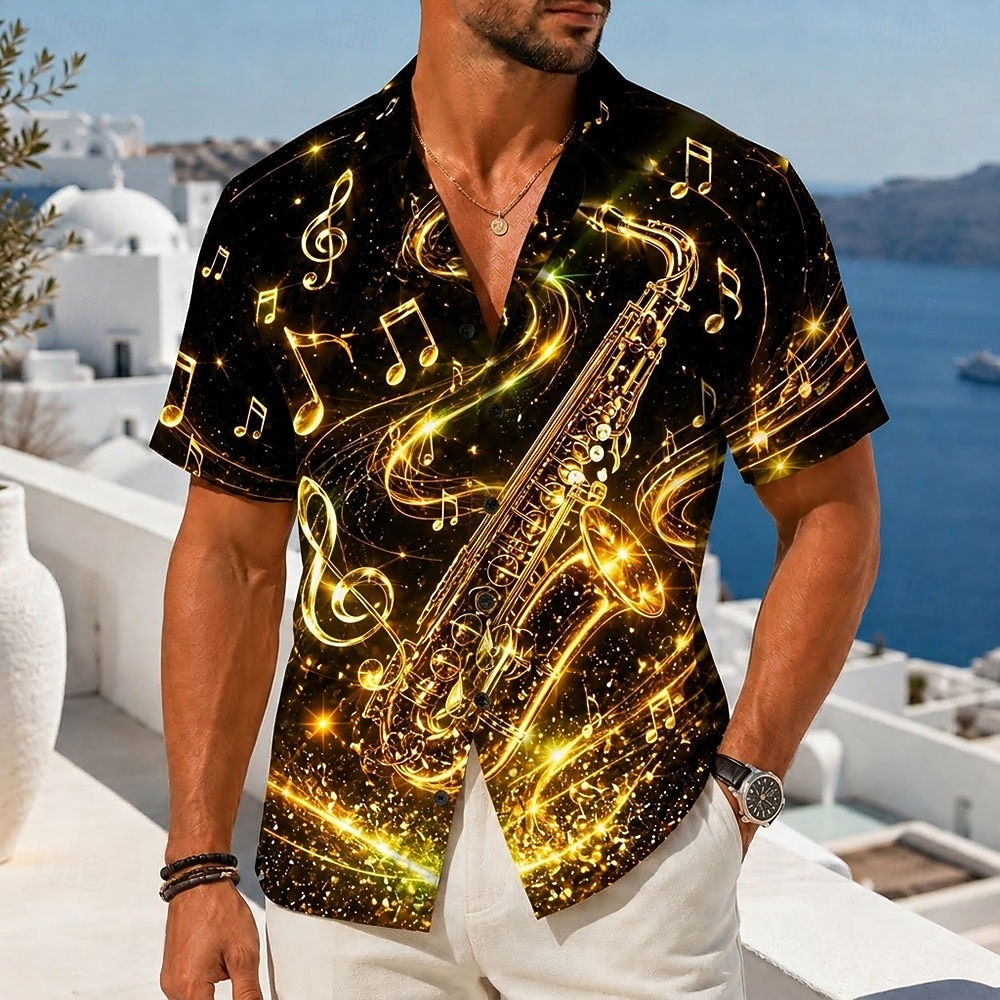 Men's Music Musical Instrument Saxophone Shirt Button Up Shirt Camp Collar Shirt Short Sleeve Vintage Retro Music Festival Holiday Summer Spring Cuban Collar 3D Print Yellow Pink Orange Green 2026 - $25.99 –P1